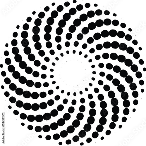 Abstract circular halftone pattern with swirling dots creating a vortex effect isolated on transparent background