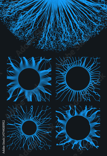 Small particles strive out of center. Space vortex. Abstract grid design. Solar or stellar radiation. A pattern of sun rays. Vector illustration.