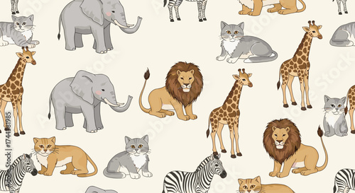 Adorable animal print pattern with lions, giraffes, cats, elephants, and zebras offers a charming design for children's products or playful backgrounds