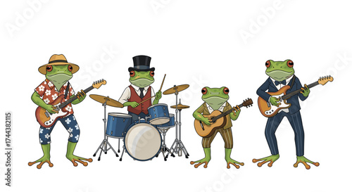 Groovy frog band performing live music with electric guitars and drums in fun cartoon style for entertainment and whimsical designs, great for children's content