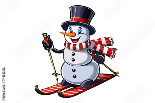 Snowman on skis in a top hat with a striped scarf, A cheerful snowman wearing a top hat and striped scarf is actively skiing