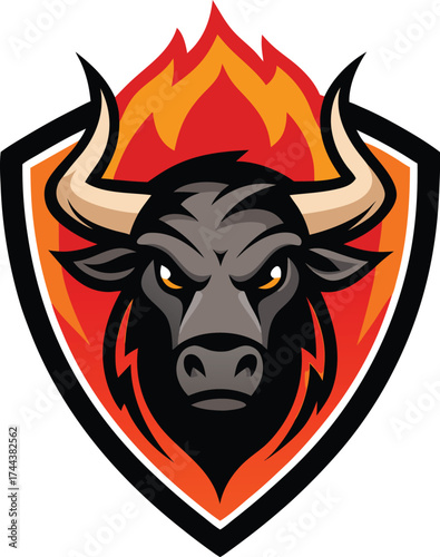 Fierce bull head emblem with fiery flames and shield