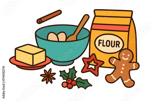 Baking ingredients for gingerbread cookies in festive setting holiday baking ingredients