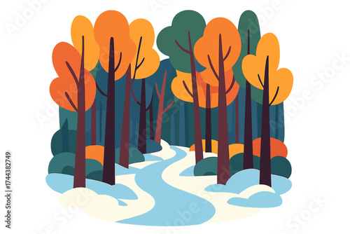 Colorful autumn forest landscape with winding river and trees snow trail in forest