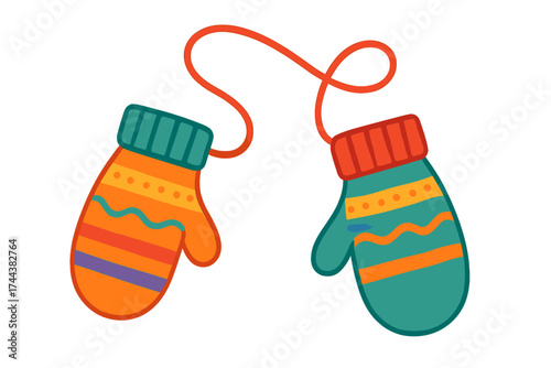 Colorful winter mittens connected by a string in a playful style mittens on string