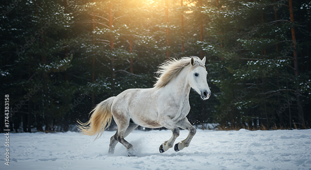 Fototapeta premium Majestic white horse gallops through a snowy landscape, its coat gleaming in the sunlight, creating a winter wonderland scene