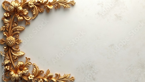 Golden ornate floral border design against a textured white background. Intricate swirls, acanthus leaves, and flowers create a luxurious, classic decorative element. Perfect for elegant framing.