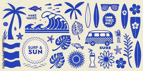 Retro summer beach vibes with surfboards palm trees van and tropical elements