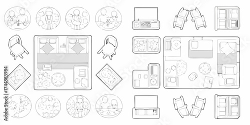 Collection of hand drawn outline icons and floor plan elements for interior design and lifestyle concepts