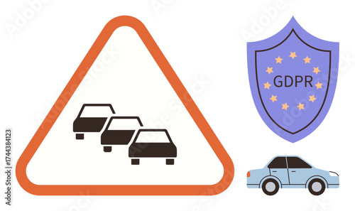 Traffic warning sign showing congestion, shield labeled GDPR for data privacy, and a car icon. Ideal for road safety, compliance, technology, transport, security, data protection simple flat