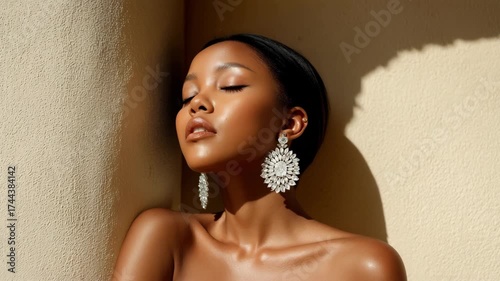 graceful woman adorned with elegant earrings stands against soft creamcolored sunset exuding poise