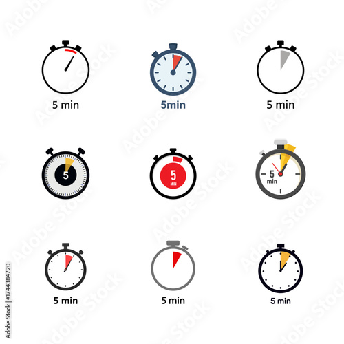 Simple Minimalist 5 Minutes Timer Clock Icons including a stopwatch, analog clock, countdown timer, and 5 minutes timer. Perfect for app UI/UX design