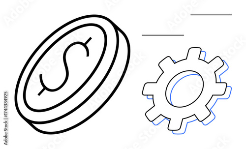 Coin with dollar sign and gear representing investment, efficiency, strategy, management, progress, financial development, and collaboration. Ideal for business, finance automation productivity