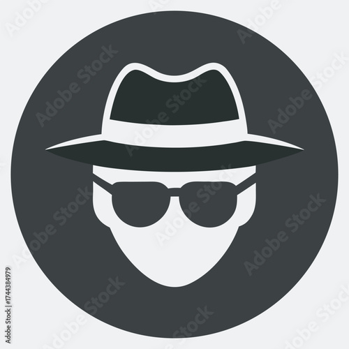 Anonymous figure wearing a fedora hat and sunglasses in a circle, Stylized, minimalist illustration of a mysterious in a fedora hat, sunglasses, and trench coat, representing espionage or anonymity.