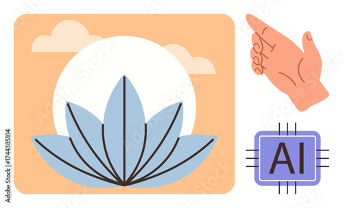 A hand pointing at a microchip labeled AI, a lotus flower with the sun in the background. Ideal for themes thumbs up technology, mindfulness, innovation, nature, balance, meditation simplicity. A