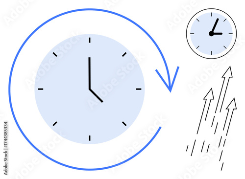 Large clock with a circular arrow suggesting time organization and smaller rising arrows denoting progress. Ideal for time management, productivity, goals, growth, efficiency, development, simple