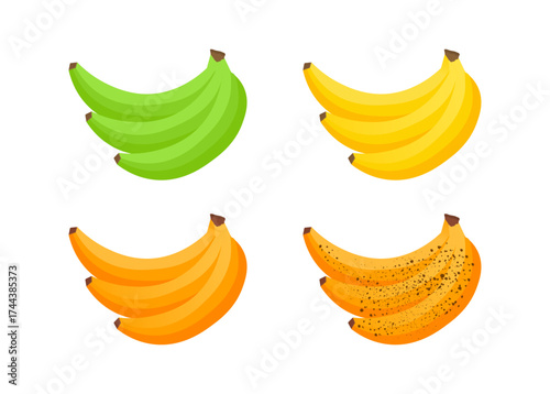 Bananas showing ripening stages from green to brown spots