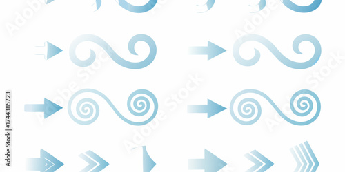 Collection of blue gradient arrows and swirling wave patterns representing movement and flow