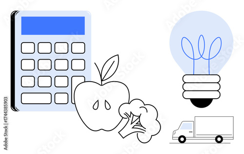 Calculator beside apple and broccoli, lightbulb with leaf design, and delivery truck. Ideal for sustainability, food logistics, innovation, eco-friendly practices, energy, budgeting and education