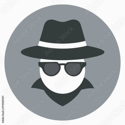 Anonymous figure wearing a fedora hat and sunglasses in a circle, Stylized, minimalist illustration of a mysterious in a fedora hat, sunglasses, and trench coat, representing espionage or anonymity.
