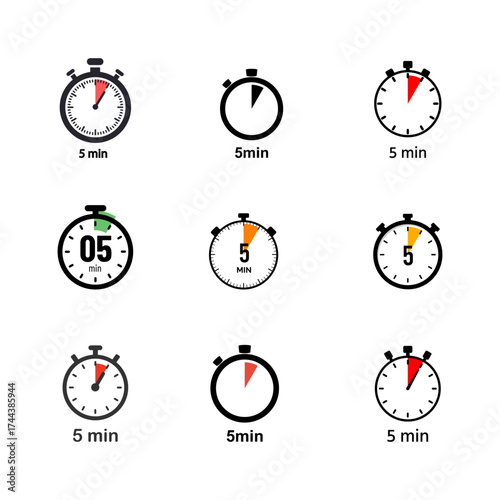 Simple Minimalist 5 Minutes Timer Clock Icons including a stopwatch, analog clock, countdown timer, and 5 minutes timer. Perfect for app UI/UX design