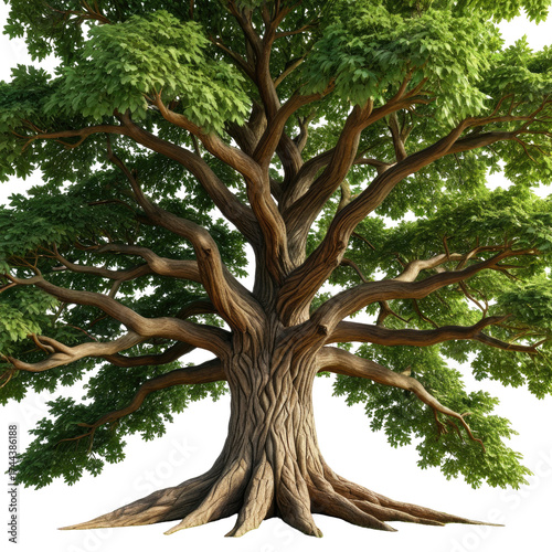 Majestic old tree with lush green foliage, large trunk, sprawling branches