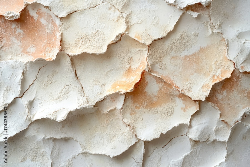 Obraz premium A textured surface of overlapping, irregularly shaped pieces of off-white and peach-colored material, resembling distressed plaster or dried organic scales, creating an abstract, rustic pattern.