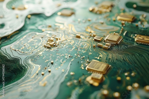 Intricate golden circuitry flows across a vibrant green microchip landscape, dotted with shimmering components. A stunning fusion of technology and abstract art.