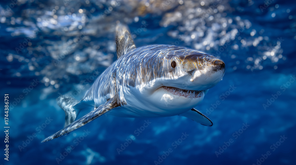 Obraz premium Intense underwater close-up of great white shark gliding through open water, powerful body and cold gaze illuminated by ocean light