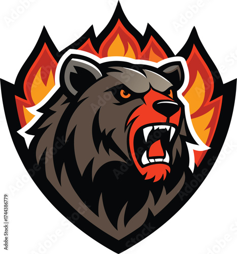 Fierce grizzly bear roaring with flames behind it