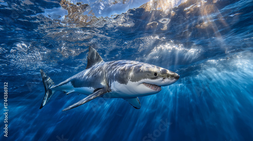 Close frontal capture of great white shark gliding with precision, sunlight beams above illuminating its powerful form and textured skin