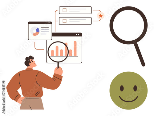 Man examining data charts and user feedback using a magnifying glass. Ideal for analytics, research, customer insights, evaluation, investigations, optimization, and success. Simple flat metaphor