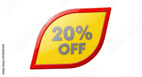 Yellow leaf with twenty percent off isolated on transparent background