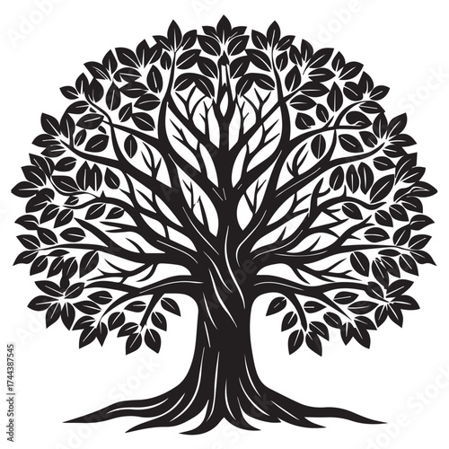 Illustration of a tree isolated on white background the image is a black and white drawing of a tree with a full, round crown and thick trunk the branches are bare, and the leaves are dense and lush