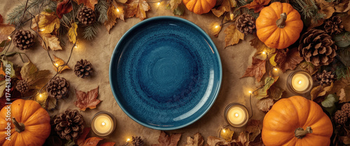 Festive autumn table setting with blue plate surrounded by pumpkins and seasonal decorations