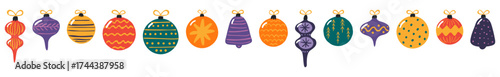 Christmas ornaments, tree decorations, baubles isolated on transparent. Hand drawn flat vector illustration. Traditional holiday, Xmas, New Year, seasonal design element, clip art