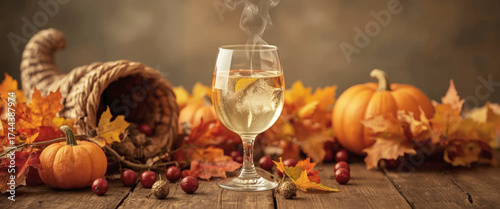 Warm autumn drink surrounded by colorful leaves and pumpkins on a rustic wooden table