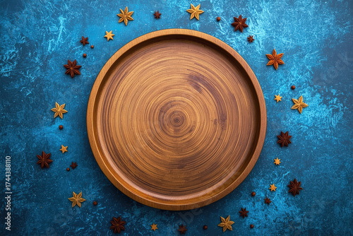 Wooden serving platter surrounded by star anise and decorative elements on blue background