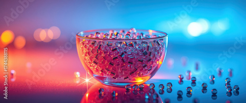 Colorful glass bowl filled with shiny beads under vibrant lighting at a crafting space