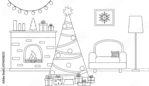 Living room with fireplace, armchair, lamp, Christmas tree decorated for winter holidays. Interior and furniture in line art style. Black and white vector illustration.