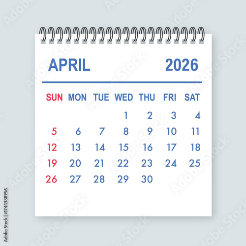 Calendar showing April 2026 month schedule and dates