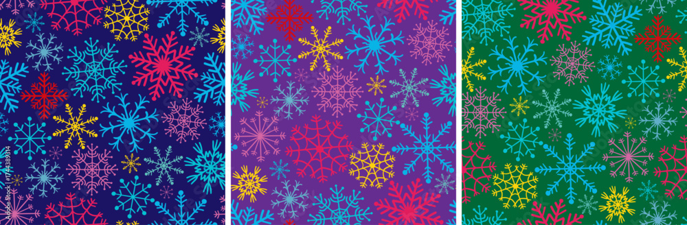 Fototapeta premium set seamless snowflake patterns bright colorful winter backgrounds christmas new year repeating texture design collection vector wallpaper