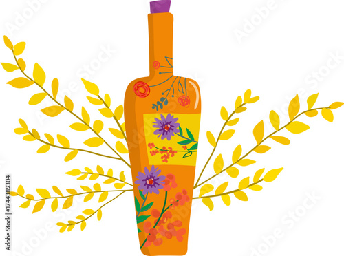 autumnal decorated bottle floral patterns flat vector object festive season beverage cider or mead drink concept fall harvest celebration element