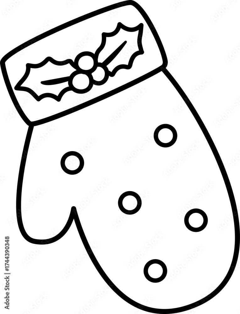 Obraz premium Winter Christmas mittens outline vector isolated. Festive gloves decorated with holly children's coloring pages and templates. Transparent background. SVG.
