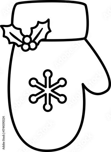 Winter Christmas mittens outline vector isolated.
Festive gloves decorated with holly children's coloring pages and templates.
Transparent background. SVG.