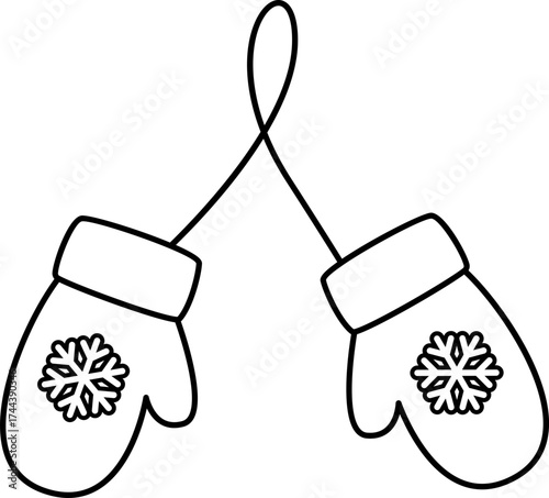 Winter Christmas mittens outline vector isolated.
Festive gloves decorated with snowflakes  children's coloring pages and templates.
Transparent background. SVG.