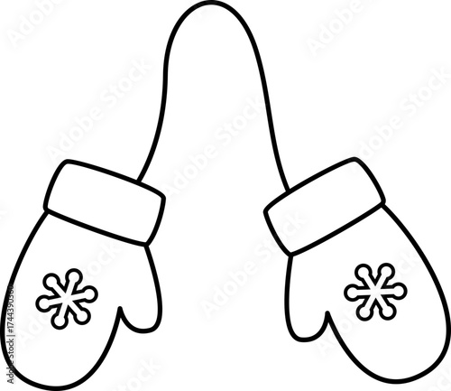 Winter Christmas mittens outline vector isolated.
Festive gloves decorated with snowflakes  children's coloring pages and templates.
Transparent background. SVG.