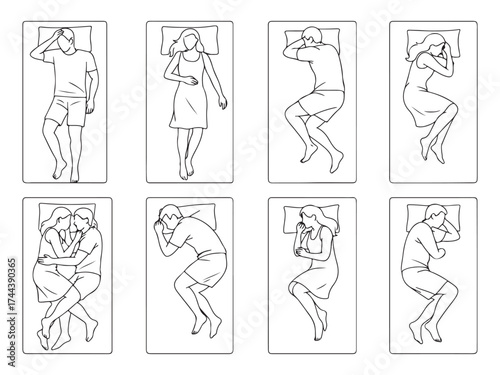 Human Sleeping Positions Line Art Vector Illustration