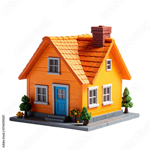 Cartoonish orange house with blue door, gray steps & sidewalk, trees, and a brick chimney