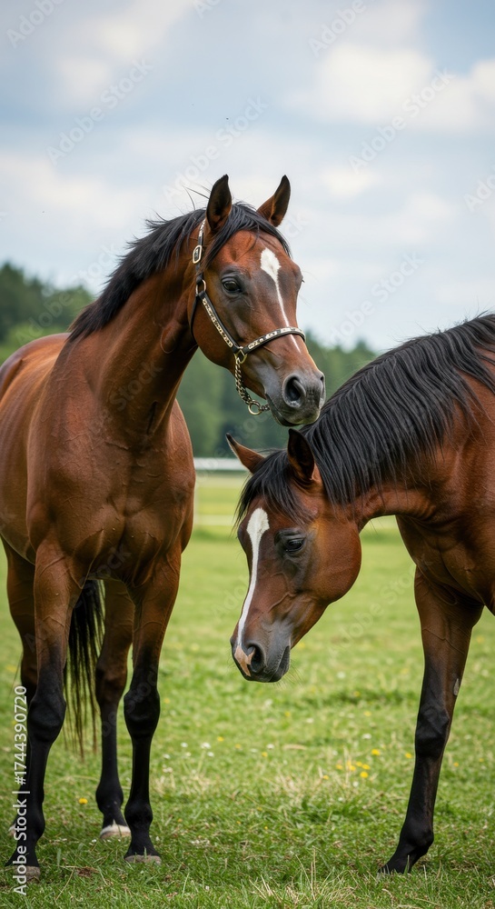 Obraz premium Two beautiful arabian horses standing together in a green meadow on a summer day